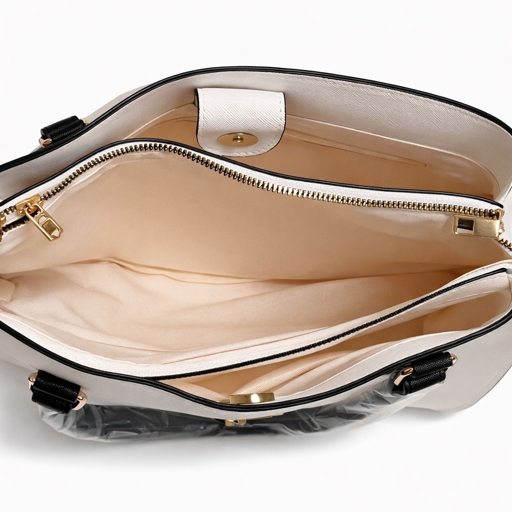 Loulu White Saffiano Faux Leather Top Handle Purse with Black Handles Gold Logo - Picture 8 of 11